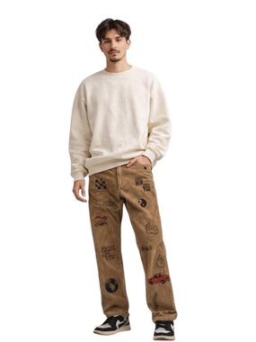 Teddy Fresh Tan Corduroy Pants with Graphic Motifs Y2K Streetwear